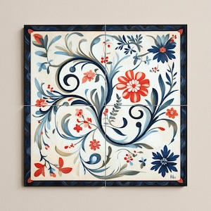 May include: Four square tiles arranged to form a larger square, featuring a floral design. The design includes red and blue flowers, with blue and gray leaves and stems, set against a cream background. A dark blue border frames the artwork.