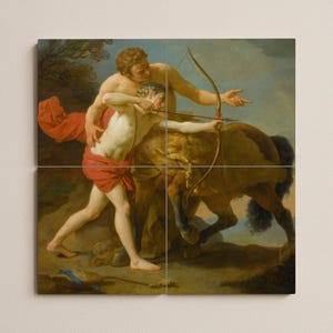 May include: A print of a classical painting showing two figures, one aiming a bow and arrow, the other assisting. The figures are nude, with red cloth draped around their waists. The background features a centaur and a cloudy sky.