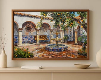 May include: A framed tile mural depicting a courtyard scene with a fountain, columns, and orange trees. The artwork features a detailed painting with a warm color palette, including blues, oranges, and browns. The frame is made of wood.