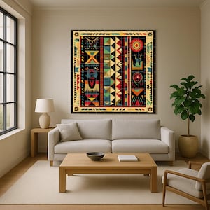 Può includere: Una grande opera d'arte incorniciata con un design geometrico in un soggiorno. L'opera presenta uno sfondo nero con forme colorate, tra cui triangoli, rettangoli e cerchi in rosso, giallo, blu e verde. La stanza comprende un divano, un tavolino e una pianta in vaso.