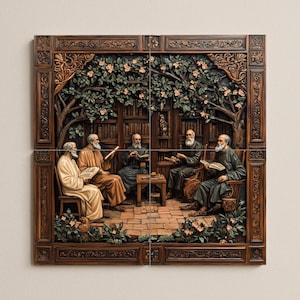 May include: A four-panel wall art piece showing a gathering of scholars. The relief carving depicts five men in robes reading books under a tree. The artwork is framed with ornate, dark brown wood.