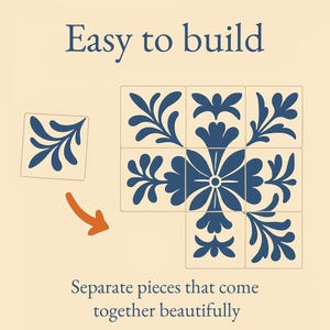 Puzzle-style ceramic tiles, easy to assemble with independent pieces that create a beautiful floral blue and white pattern. Perfect for kitchens and creative spaces