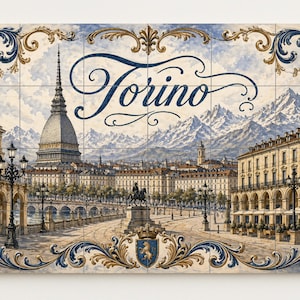 May include: A decorative tile featuring a detailed illustration of Turin, Italy, with the city's name in elegant script. The artwork showcases the Mole Antonelliana, mountains, and ornate architectural details, framed by a decorative border.