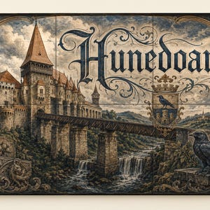 May include: A rectangular wall art piece featuring a detailed illustration of a stone castle with tall towers and a bridge over a waterfall. The text "Hunedoara" is written in large, ornate black script. A black raven sits on a stone block.