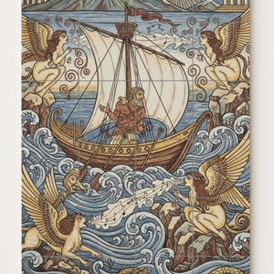 Może przedstawiać: Dekoracyjny panel z płytek przedstawiający scenę mitologiczną. Statek płynie po niebieskich falach, z mężczyzną za sterem. Skrzydlate postacie i stworzenia morskie otaczają statek. Tło przedstawia górę, słońce i klasyczną architekturę.