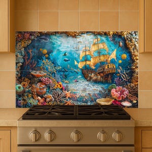 Treasure-filled underwater ceramic mural with marine fauna and shipwreck glow, perfect for kitchens with oceanic or eclectic style.