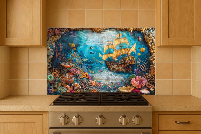 Treasure-filled underwater ceramic mural with marine fauna and shipwreck glow, perfect for kitchens with oceanic or eclectic style.