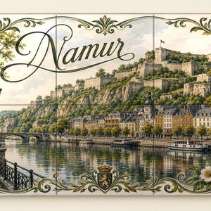 Könnte beinhalten: Ein rechteckiges Wandfliesenbild, das die Stadt Namur in Belgien zeigt, mit der Zitadelle auf einem Hügel, einem Fluss mit Booten und einer Brücke. Die Szene ist von einem verzierten grün-goldenen Rahmen mit floralen Akzenten umgeben.