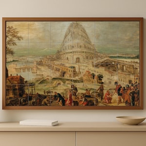 May include: A framed print of a historical painting showing a large, multi-storey building with a domed top, set in a busy city with figures in period clothing. The artwork uses warm, earthy tones.