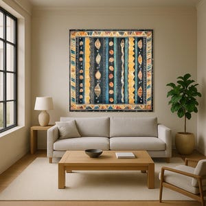 May include: A large, framed wall art piece with a geometric design in shades of navy blue, yellow, and orange. The artwork features vertical stripes and repeating patterns, creating a visually striking focal point in a living room setting.