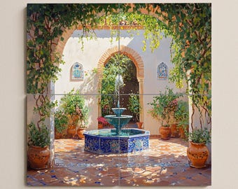 May include: A four-panel artwork depicting a courtyard with a fountain. The fountain is blue and turquoise, surrounded by potted plants and an arched doorway. Vines and greenery frame the scene, with sunlight casting shadows on the tiled floor.
