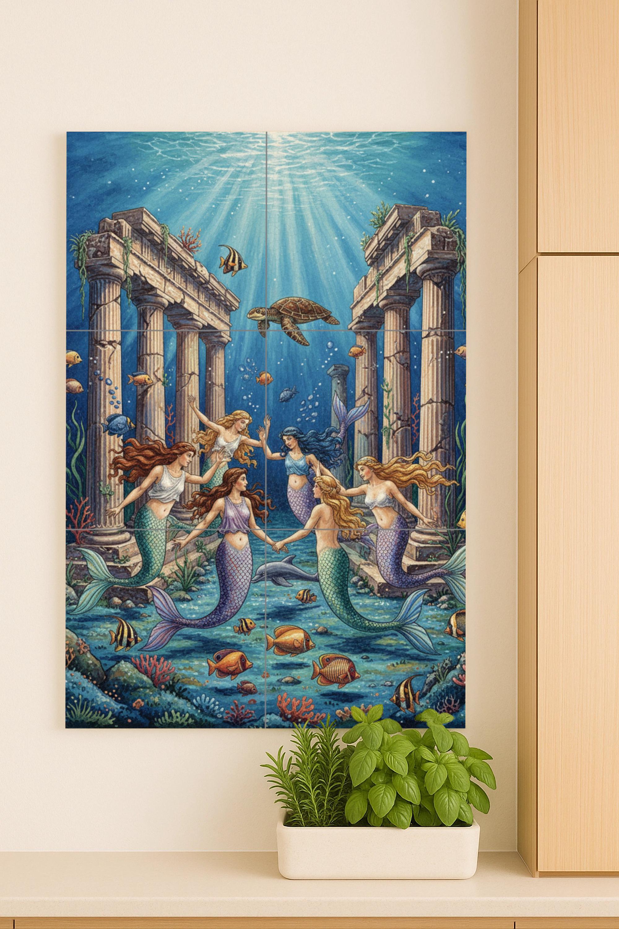 セイレーンの踊り – 人魚、イルカ、古代遺跡を描いた神話的陶壁画