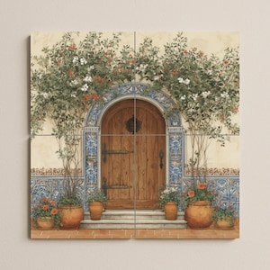 Spanish Doorway Tile Mural | Mediterranean Wall Art | Rustic Entrance and Azulejos Scene | Handcrafted Ceramic Decor | Spanish Patio Accent