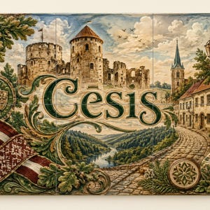May include: A rectangular ceramic tile mural featuring the word Cesis in large green script. The artwork depicts a stone castle, a cobblestone street, a river valley, a knight emblem, a red and white ribbon, and a decorative ceramic pitcher.