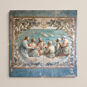 May include: A multi-panel artwork depicting a religious scene. The artwork features figures in robes gathered near water with fish. The scene is framed by a border of foliage and a blue background.