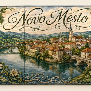 May include: A rectangular wall art piece featuring a painted landscape of Novo Mesto with a river, stone bridges, and buildings. The scene is framed by ornate, sculpted green and gold floral scrollwork. The text Novo Mesto is written in a large, elegant black script across the top of the sky.