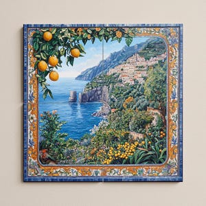 Murale in piastrelle di ceramica con motivo costiero mediterraneo / Costiera Amalfitana con limoni e vista mare / Arte murale decorativa di ispirazione italiana