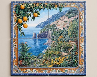 Mediterranean Coastal Ceramic Tile Mural | Amalfi Coast with Lemons and Sea View | Italian Inspired Decorative Wall Art