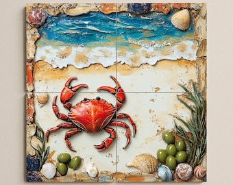 Kustkrab keramische tegel muurschildering muurkunst | Rode krab met schelpen en oceaangolven | Decoratief paneel nautisch strand voor kamer of terras