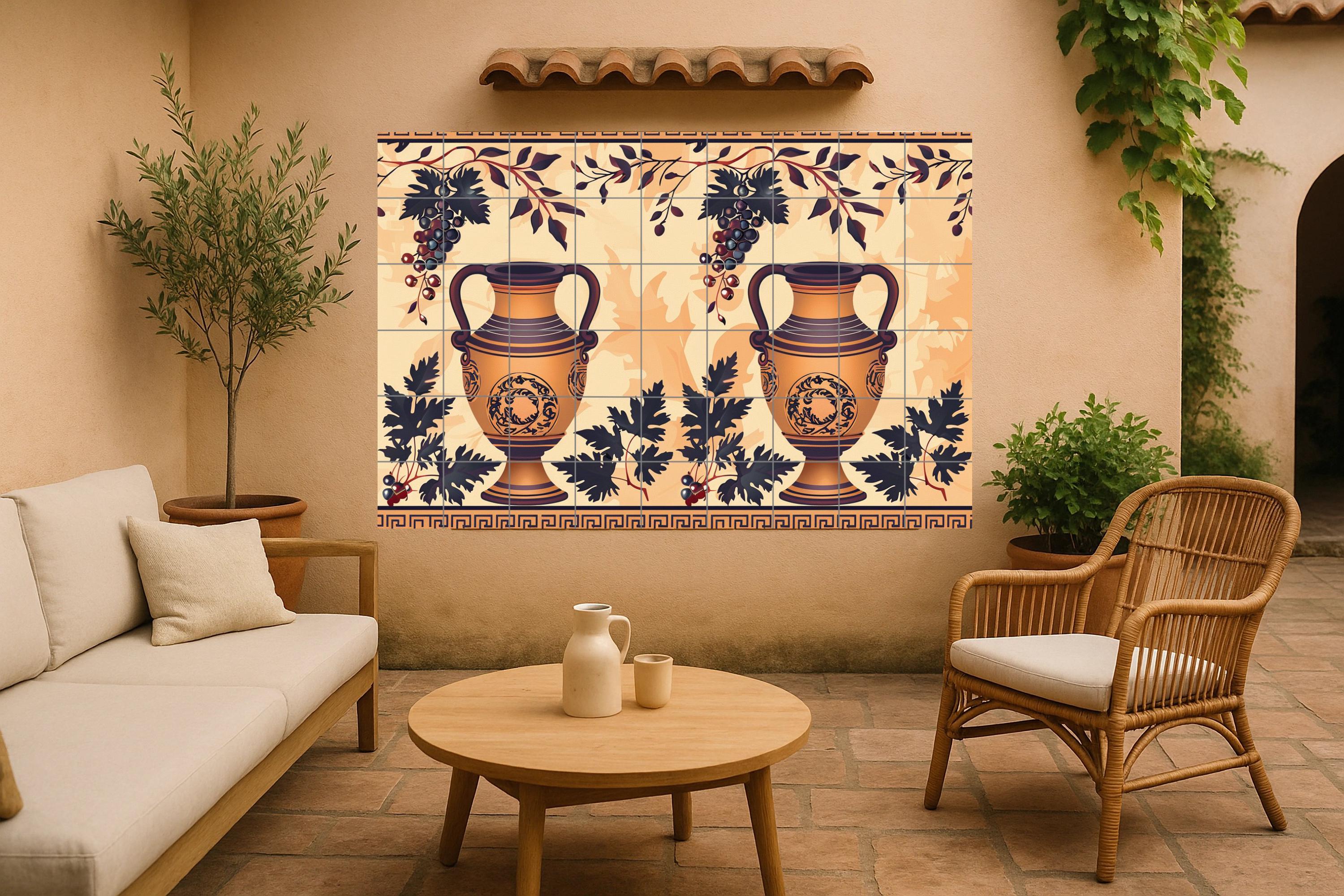 ギリシャのアンフォラタイル壁画 • 古代の陶器とブドウの木の壁画