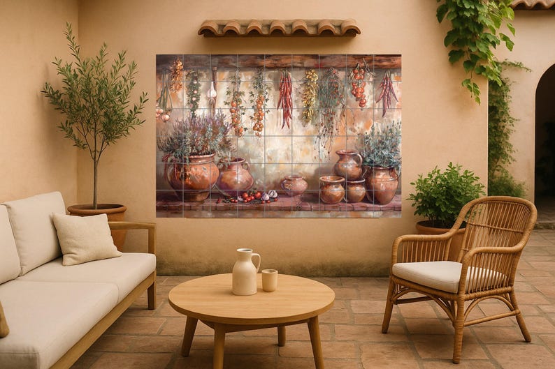 May include: A decorative wall art piece depicting a rustic kitchen scene. The artwork shows hanging herbs and spices, terracotta pots, and various produce. The colour palette includes warm earth tones and vibrant reds.