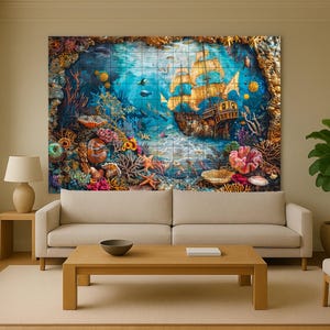 Vibrant ocean mural with treasure shipwreck and coral beauty, perfect for bold living rooms with nautical or fantasy-inspired decor.