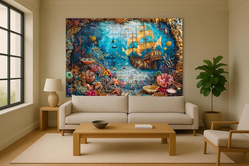 Vibrant ocean mural with treasure shipwreck and coral beauty, perfect for bold living rooms with nautical or fantasy-inspired decor.