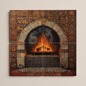 May include: A detailed painting of a fireplace with a roaring fire. The fireplace is constructed with stone and decorative tiles in shades of brown, gold, and beige. The fire is bright orange and yellow, with smoke rising above the flames. A pile of small stones sits at the base.