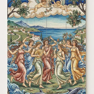 May include: A decorative tile mural depicting a classical scene. It features figures in flowing gowns, dolphins, cherubs, and a coastal landscape with trees and buildings. The colour palette includes blues, greens, pinks, and yellows.