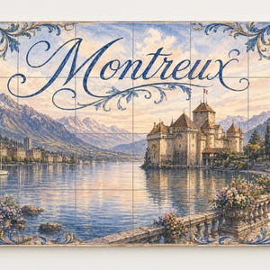 May include: A decorative tile panel featuring a scenic view of Montreux, Switzerland. The artwork depicts a castle on a lake, mountains, and the word "Montreux" in elegant script. The border is adorned with floral and scroll designs.