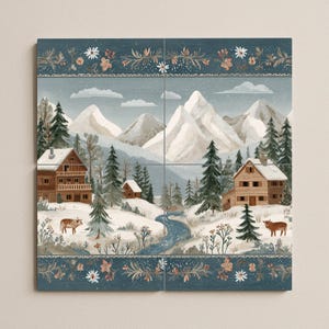 Snowy Alpine Village Tile Mural – Winter Cabin Scene with Mountains, Fir Trees, Cows – Ceramic Wall Art for Rustic Homes & Cozy Interiors