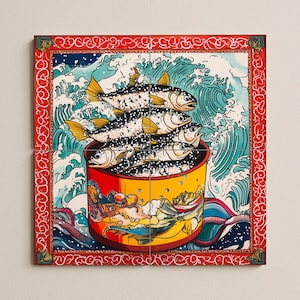 May include: A vibrant, square art print featuring a stylized illustration of fish in a yellow and red container, set against a backdrop of ocean waves. The artwork is framed with a red border with ornate detailing.
