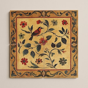 May include: A decorative square tile set featuring a bird perched on a flowering branch. The artwork has a beige background with red, green, and orange flowers and leaves. The border is a dark brown with ornate scrollwork.