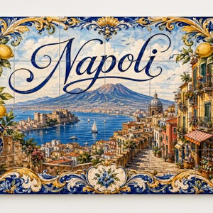 May include: A decorative tile featuring a scenic view of Napoli, Italy, with the city's name in elegant script. The artwork showcases a coastal landscape with a volcano, buildings, and sailboats, framed by lemons and ornate floral patterns.