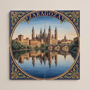 Könnte beinhalten: Ein Satz von vier quadratischen Fliesen mit einer detaillierten Illustration von Saragossa, Spanien. Das Kunstwerk zeigt eine Kathedrale, die sich im Wasser spiegelt, umrahmt von einem blauen und goldenen dekorativen Rand.