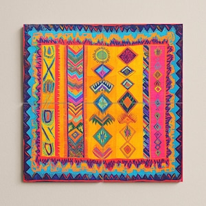 Puede incluir: Textil cuadrado y colorido con un intrincado diseño geométrico. El campo central es amarillo, adornado con rayas verticales y formas de diamantes en varios colores. Un borde vibrante de zigzags azules y rosas enmarca la obra de arte, creando un llamativo contraste visual.
