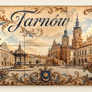 May include: A rectangular wall art piece featuring a detailed illustration of the Tarnów town square in Poland. The image includes the text Tarnów in elegant script, ornate scrollwork borders, a central crest, and a stone fountain.