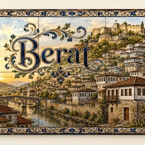 May include: A rectangular wall art piece composed of six ceramic tiles featuring a detailed landscape painting of Berat, Albania. The image displays a hillside city with white houses, a stone bridge, a river, and a fortress, framed by blue and gold floral borders with the word Berat in elegant blue script.