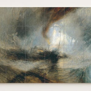 以下が含まれることがあります： 荒れ狂う空と荒波を描いた、ドラマチックな海の風景画の複製。暗い色調と明るい色調で描かれたこの作品は、嵐と戦う船を描いており、力と混沌の感覚を呼び起こします。