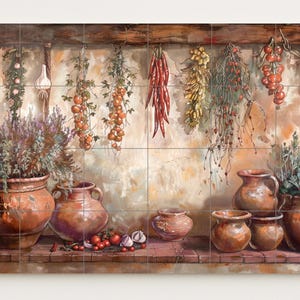 Hand-painted tile mural depicting a rustic Mediterranean pantry with herbs, terracotta vessels, and hanging vegetables.