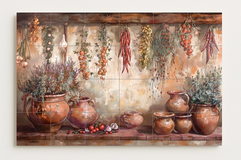 Hand-painted tile mural depicting a rustic Mediterranean pantry with herbs, terracotta vessels, and hanging vegetables.