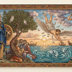 Peut inclure: Une peinture murale de tuiles colorées et détaillées représentant une scène classique. Une femme en robe bleue et casque tient une lance, tandis que des personnages se rassemblent sous un arbre avec des hiboux. Un personnage ailé tombe vers la mer, avec des navires et un soleil levant.