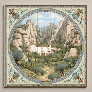 Montserrat Tile Mural | Catalan Landscape Art | Spanish Wall Decor | Mountain Monastery Scene | Handmade Ceramic Tile Accent