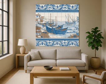 Carreau Décoratif Mural 'Bateaux Bord De Mer' - Dimensions 19x29 Cm, Style Old Tupton Ware | Pour Cuisine, Salle De Bain, Déco