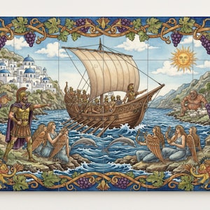 Może przedstawiać: Płytka dekoracyjna przedstawiająca klasyczną scenę z żaglowcem, postaciami i krajobrazem nadmorskim. Obramowanie zawiera winorośl i niebieskie tło. Grafika ma styl vintage i ilustracyjny.