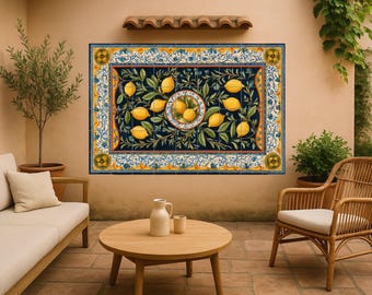 Lemon mural tile • Citrus border ceramic wall art • Ornamental fruit panel • Mediterranean kitchen decor • Citric grove design