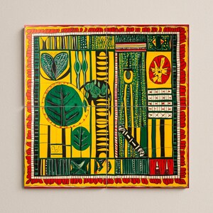 May include: A square artwork with a yellow backdrop, featuring green, red, and black geometric patterns. The design incorporates leaf shapes, vertical stripes, and a red floral border. This piece is likely a decorative wall hanging.