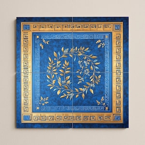 May include: Four-piece wall art featuring a blue background with a gold border and a central wreath design. The wreath is composed of gold leaves and small white flowers. The border includes a Greek key pattern.