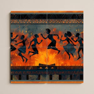 May include: A vibrant artwork depicting silhouetted figures dancing around a bonfire. The figures are in motion, with arms raised and legs extended. The background features orange flames and decorative tribal patterns in shades of blue, orange, and black.