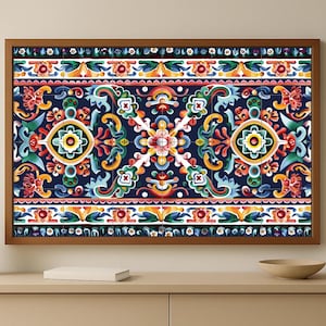 May include: A framed print with a symmetrical floral pattern. The artwork has a dark blue backdrop with colourful flowers in red, yellow, green, and blue. The print is in a brown wooden frame, adding warmth. The artwork is a decorative piece.